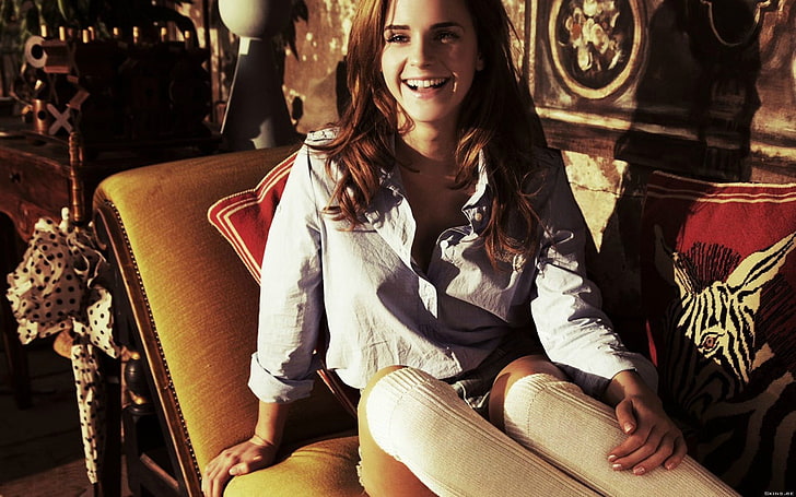 Emma Watson, women, actress, sitting, smiling, one person, real people