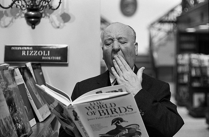 man yawning while reading a book, men, Film directors, Alfred Hitchcock, HD wallpaper