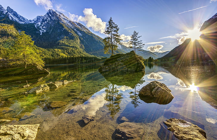 the sun, lake, reflection, Germany, Bayern, Bavaria, Lake Hintersee, HD wallpaper