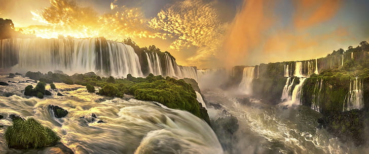Waterfalls, Iguazu Falls, Brazil, Glow, Sunset, scenics - nature