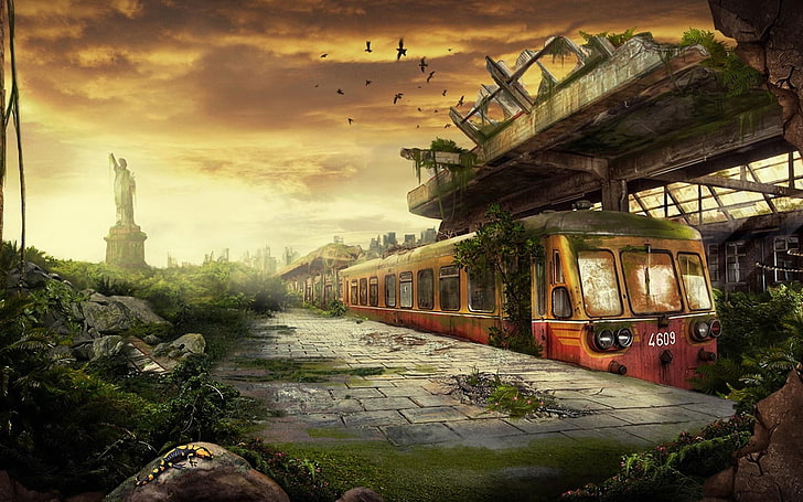 Post Apocalypse, orange train under bridge painting, Art And Creative