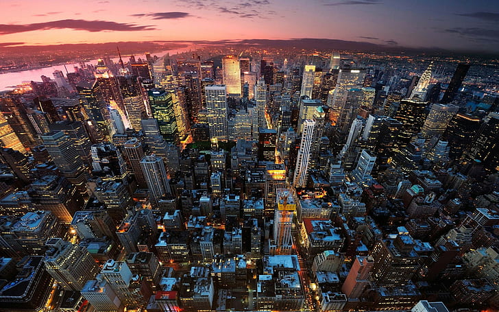 Manhattan, river, city, New York City, building, sunset, Empire State, HD wallpaper
