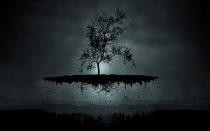 Trying to grow up, silhouette photo of floating tree, fantasy
