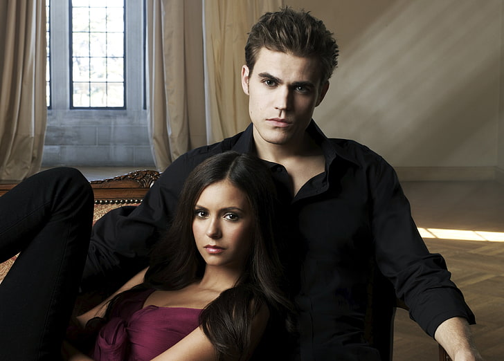 men's black dress shirt, Nina Dobrev, The Vampire Diaries, Paul Wesley, HD wallpaper