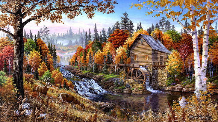 Home in the forest oil painting, HD wallpaper