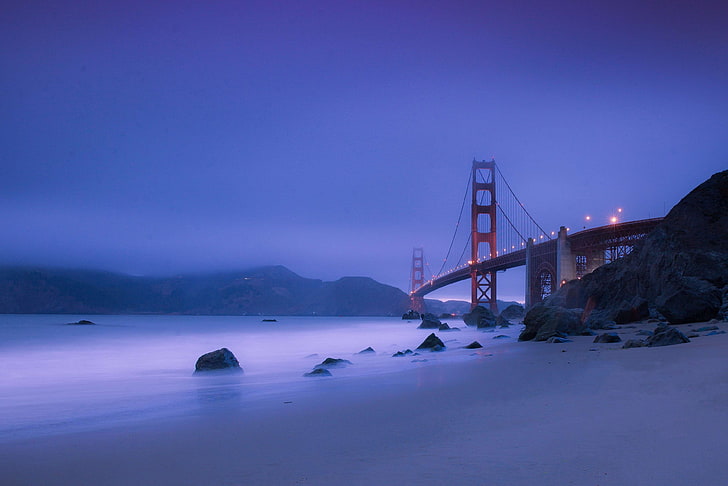 beach, bridge, dawn, dusk, evening, foggy, golden gate bridge, HD wallpaper
