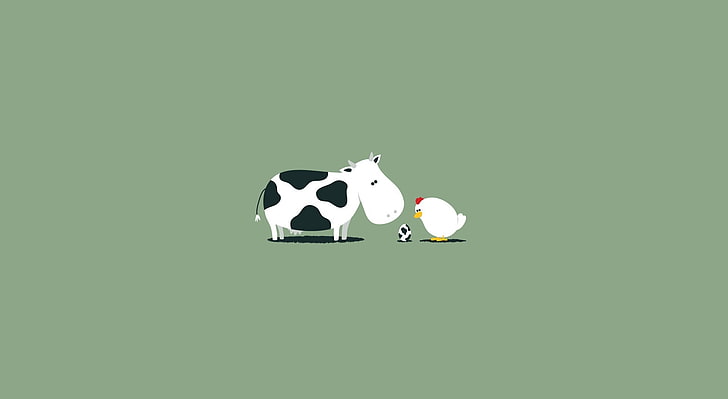 Funny Cow Egg, white and black cattle and white chicken illustration