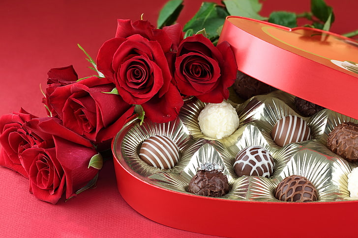 red flowers, drops, chocolate, beauty, bouquet, colors, candy, HD wallpaper