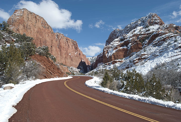 curved road between mountain covered in snow at daytime, Kolob Canyons, HD wallpaper
