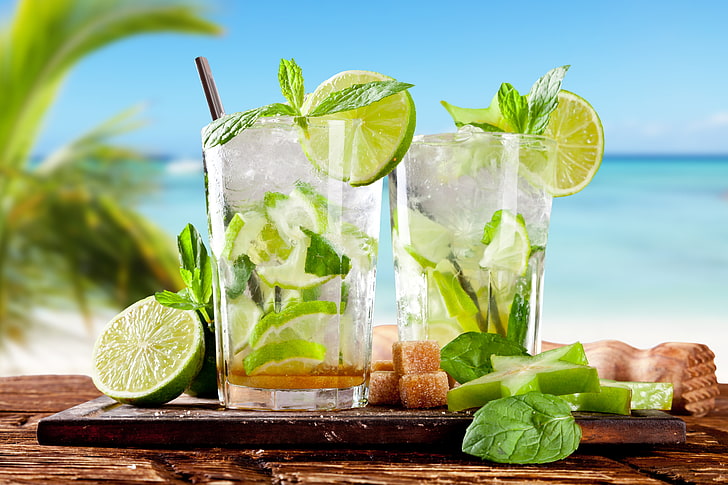 two clear drinking glasses, beach, summer, tropics, cocktail