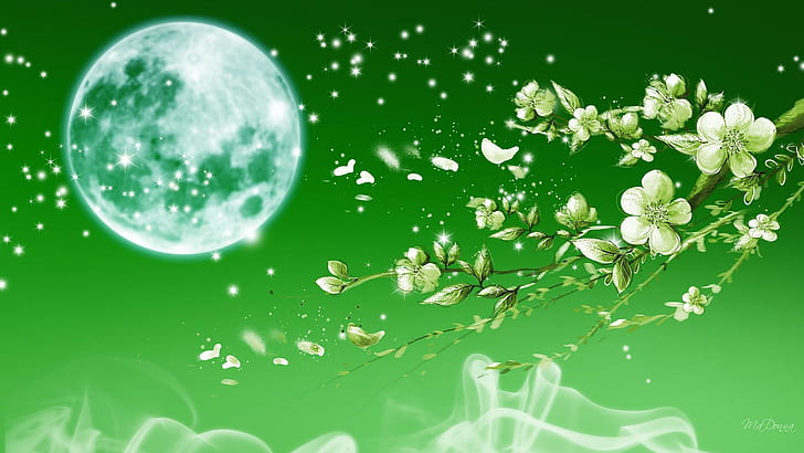 Apple Blossoms Green, firefox persona, full moon, stars, smoke, HD wallpaper