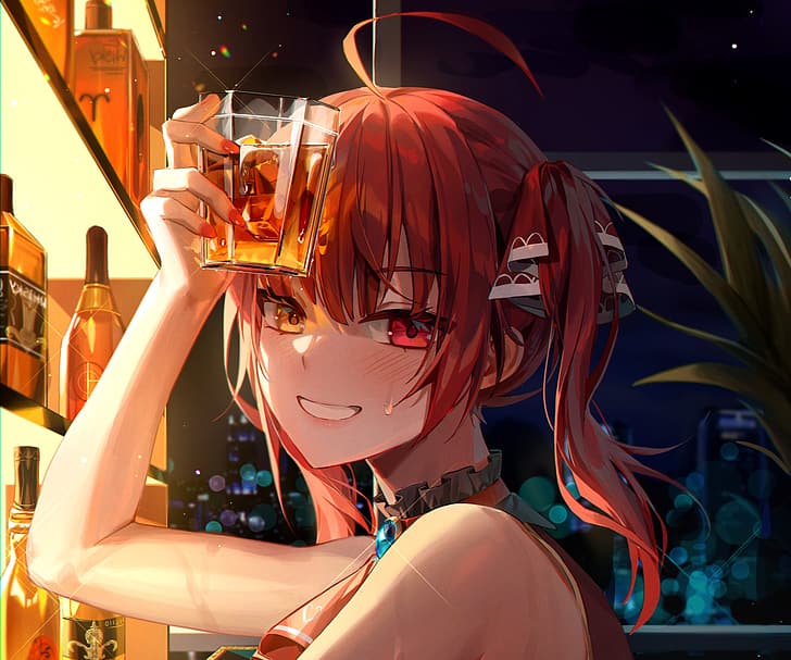 anime, anime girls, face, redhead, red eyes, smiling, drink, HD wallpaper