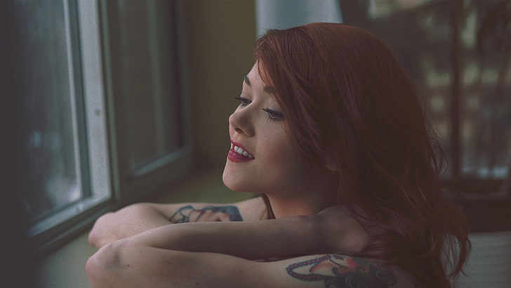 redhead, women, tattoo, color correction, one person, headshot