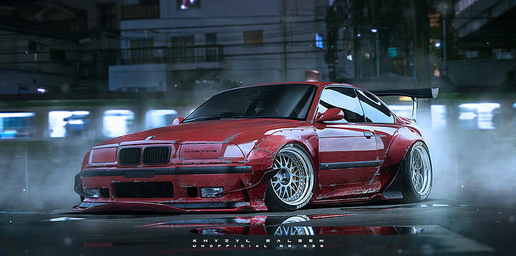 Khyzyl Saleem, car, BMW E36, BBS, Toyo Tires, artwork, render, HD wallpaper