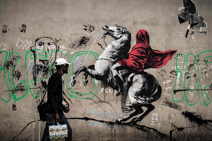 Banksy, graffiti, concrete, urban, horse, men, wall, creativity