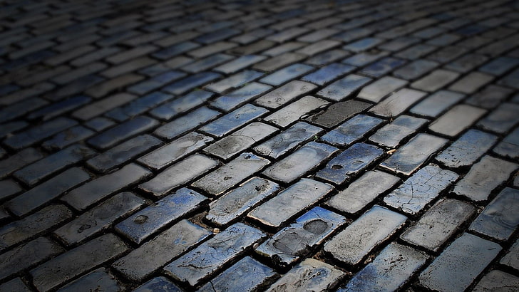 gray concrete brick pavement, street, pavements, texture, backgrounds