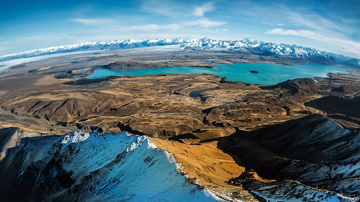aerial photo of mountain, landscape, New Zealand, Lake Tekapo