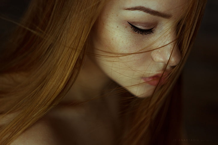 women, model, face, portrait, closed eyes, redhead, freckles