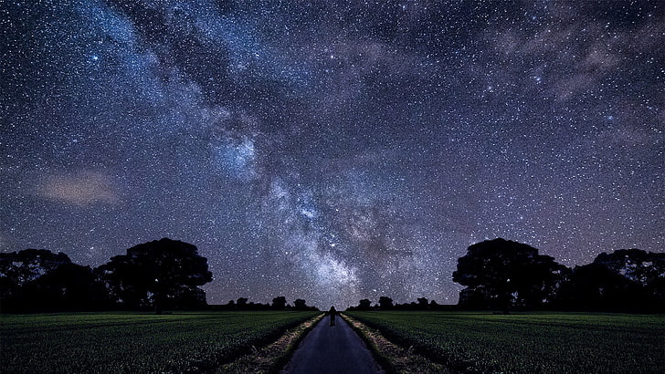 gray concrete road, stars, Milky Way, alone, field, landscape, HD wallpaper
