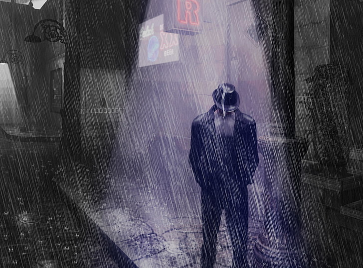 Aint No Sunshine, man standing under rain painting, Artistic, HD wallpaper