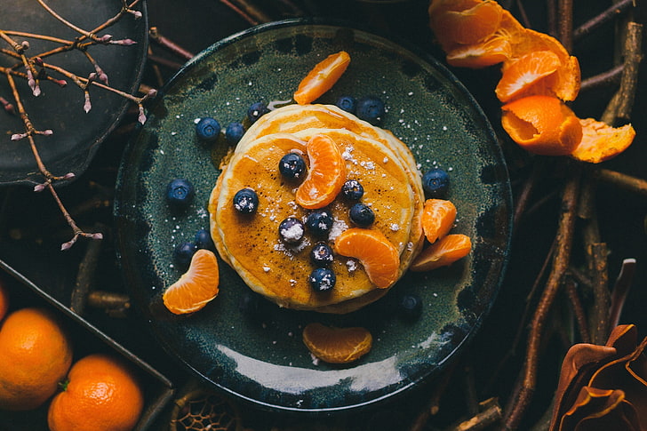 fruit, berries, pancakes, food, food and drink, orange color, HD wallpaper