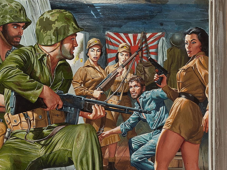 soldier painting, weapons, girls, figure, flag, art, release