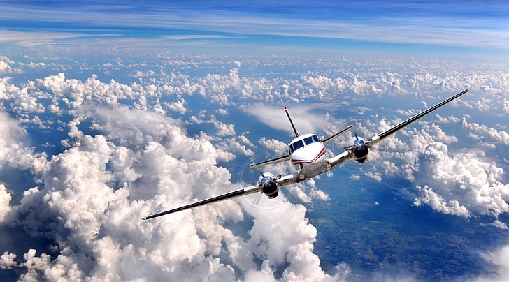 white airplane, aircraft, clouds, sky, King Air C90, Textron