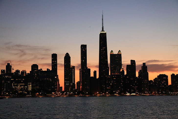 urban, Chicago, Sears Tower, sunset, city lights, cityscape, HD wallpaper