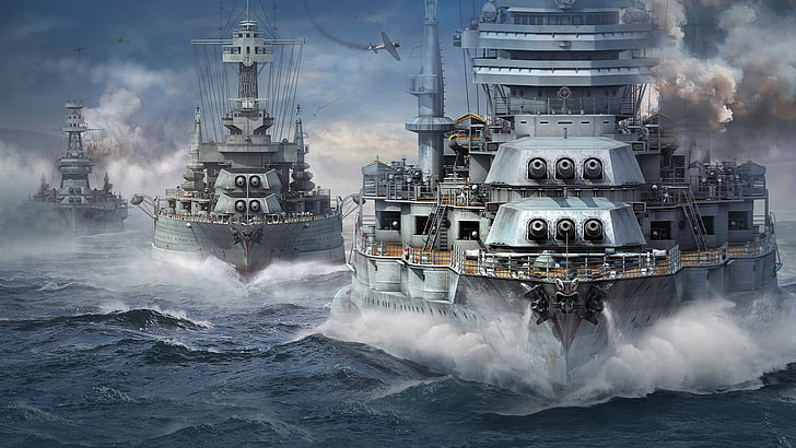 three battleships game digital wallpaper, Wargaming Net, WoWS, HD wallpaper