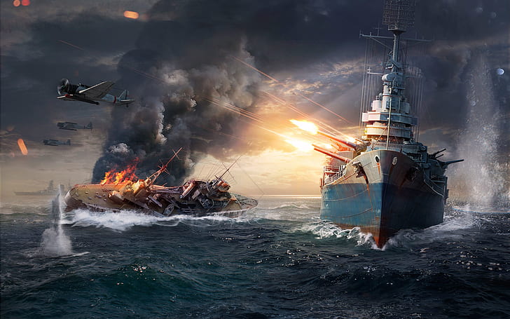 World of Warships, 2 battleships illustration, fire
