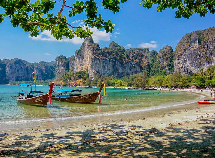 beach, landscape, thailand, water, transportation, nautical vessel