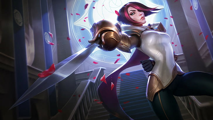 Fiora Laurent, League of Legends, Splash Screen, Sword, Games, red and black hair woman wearing gold and white armor animated cartoon