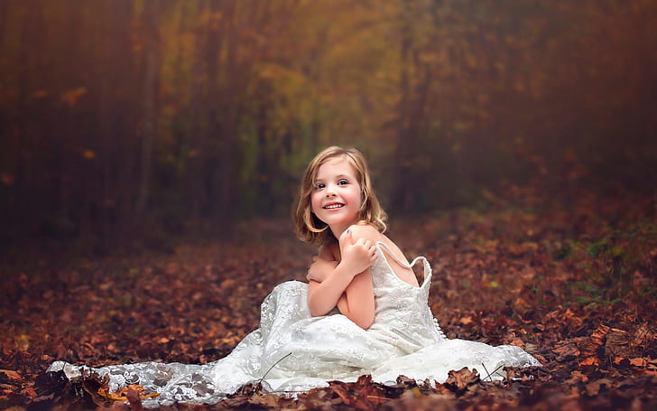 Wedding dress little girl, forest, autumn