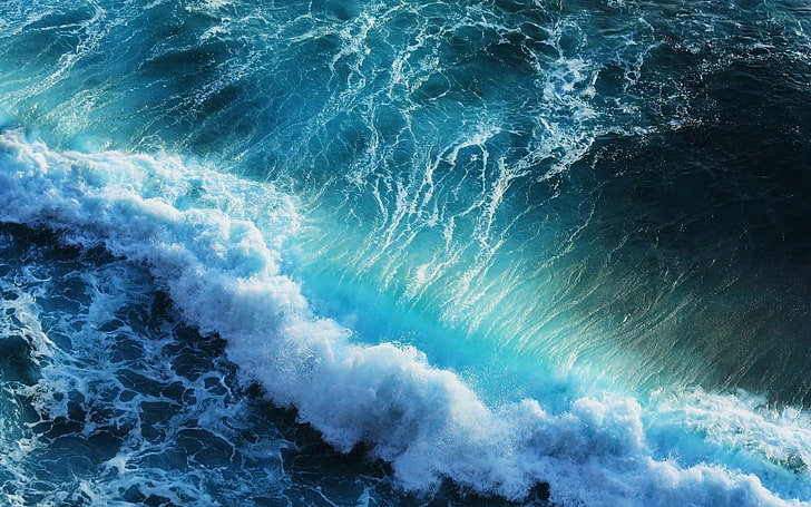 ocean waves, sea, nature, cyan, water, turquoise, splashes, motion, HD wallpaper