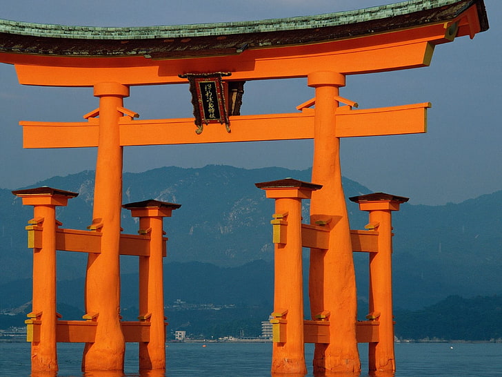 torii, Asian architecture, mountains, Japan, sea, religion