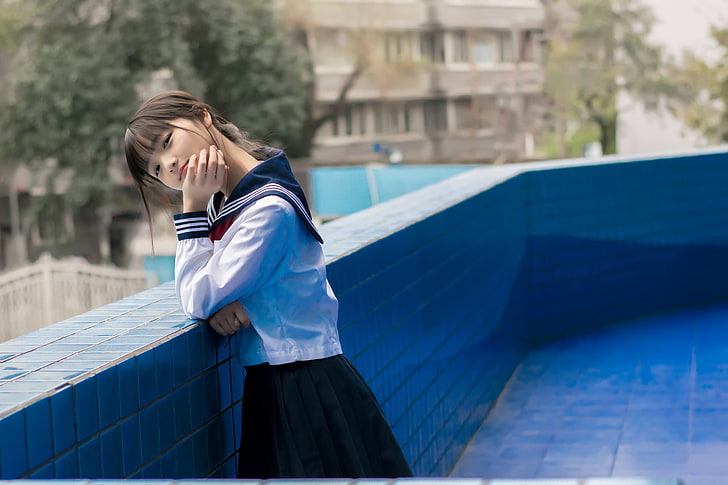girl's white, blue, and red school uniform, JK, Asian, children