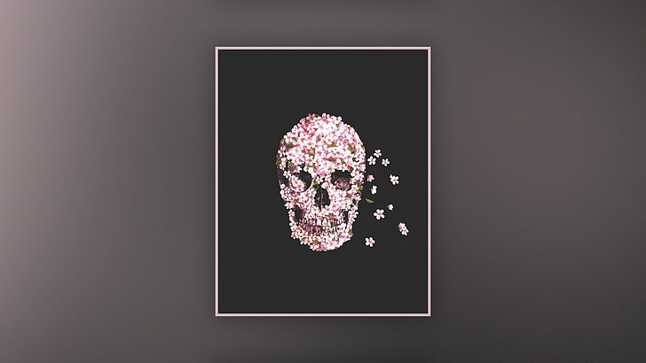 silver-colored and diamond ring, skull, flowers, simple background, HD wallpaper