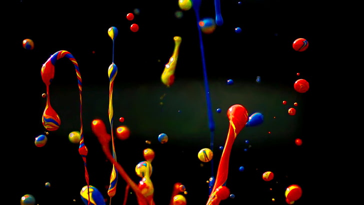red, blue, and yellow droplets illustration, painting, paint splatter