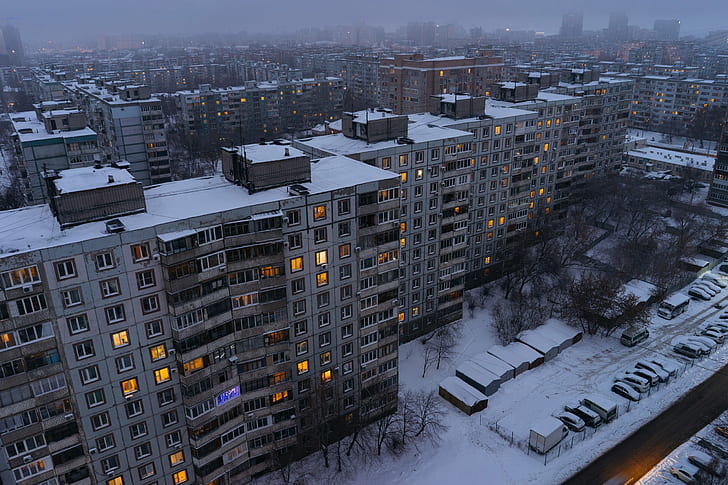house, city, Russia, faded, grey, gloomy, trees, winter, snow, HD wallpaper