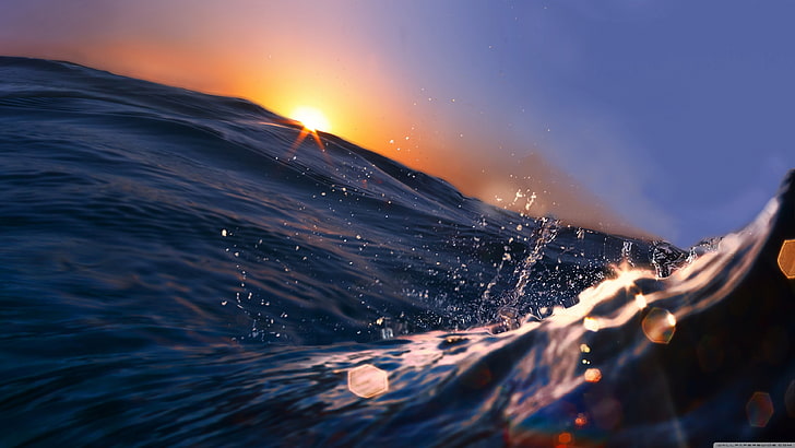 ocean wave, landscape, water, sun rays, sky, sunset, beauty in nature