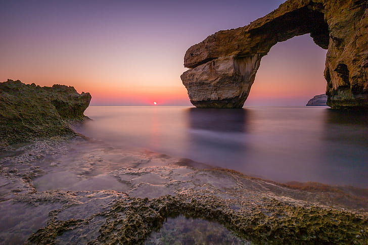 view of sea during sunset, gozo, malta, gozo, malta, Azure Window, HD wallpaper