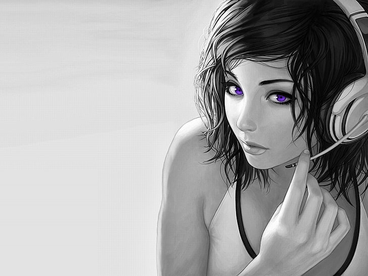 women, selective coloring, face, purple eyes, headphones, artwork