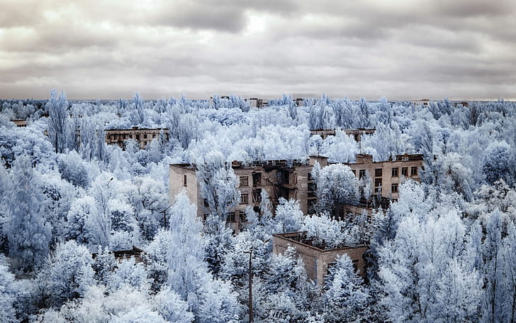 abandoned, building, Chernobyl, clouds, forest, Infrared, landscape