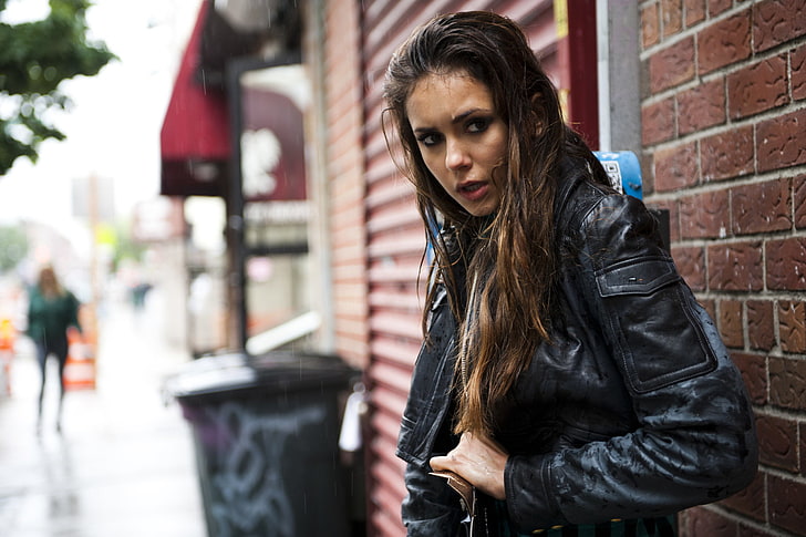 black leather jacket, look, rain, street, model, hair, actress