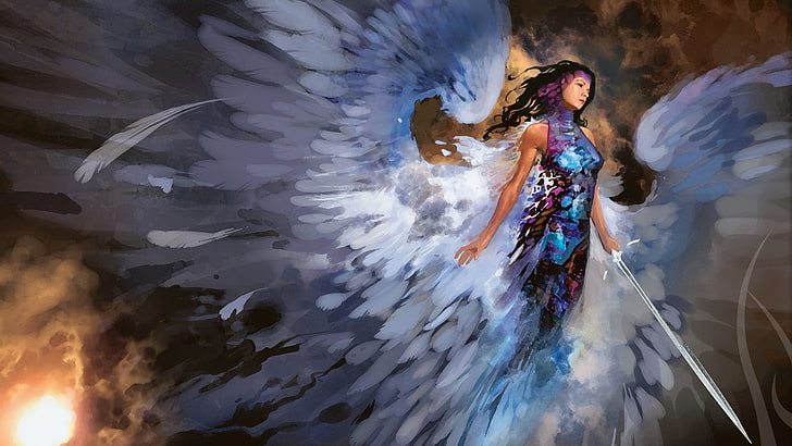 female angel holding sword digital wallpaper, artwork, fantasy art