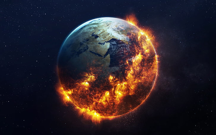 flaming earth wallpaper, apocalyptic, space, digital art, Vadim Sadovski