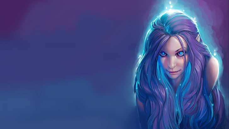 artwork, fantasy art, women, blue hair, elves, beauty, one person