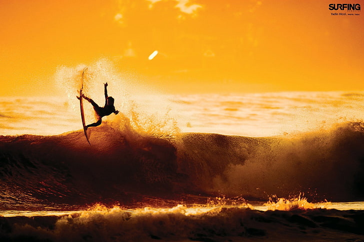 Surfing wallpaper, waves, sea, sport, sunset, motion, water, silhouette, HD wallpaper
