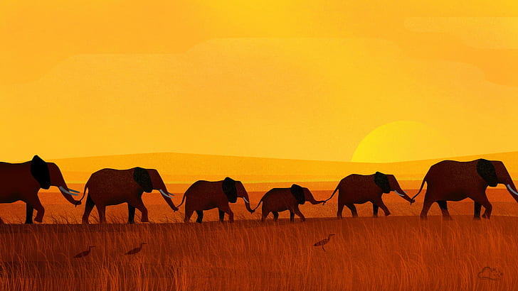 Digitalocean, Elephants, Sunset, Artwork, elephant under sunrise, HD wallpaper