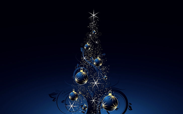blue bauble decors, stars, light, lights, holiday, tree, new year, HD wallpaper